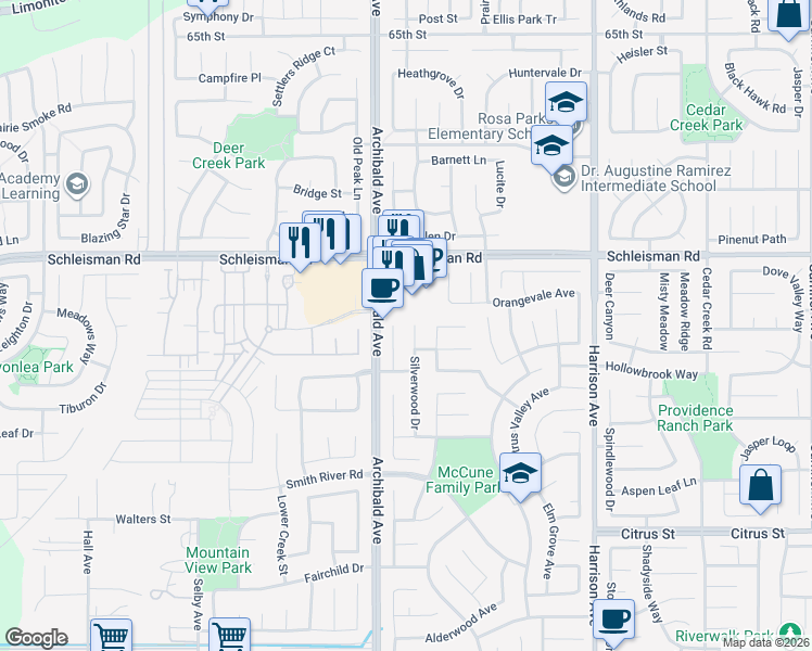 map of restaurants, bars, coffee shops, grocery stores, and more near 7117 Silverwood Drive in Corona