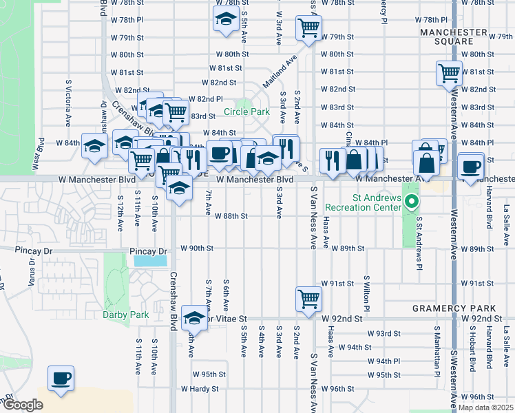 map of restaurants, bars, coffee shops, grocery stores, and more near 8711 South 4th Avenue in Inglewood
