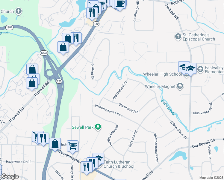 map of restaurants, bars, coffee shops, grocery stores, and more near 334 Weatherstone Lane in Marietta