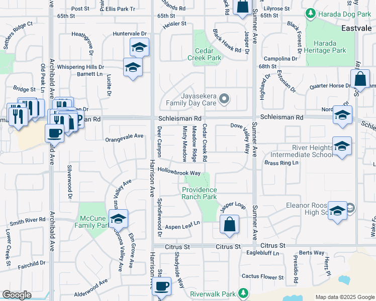 map of restaurants, bars, coffee shops, grocery stores, and more near 7126 Misty Meadow in Corona