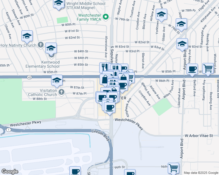 map of restaurants, bars, coffee shops, grocery stores, and more near 8649 South Sepulveda Boulevard in Los Angeles