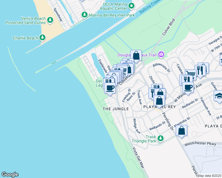 map of restaurants, bars, coffee shops, grocery stores, and more near 142 Convoy Street in Los Angeles