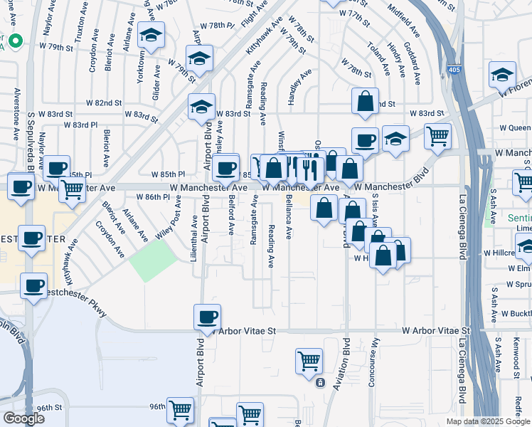map of restaurants, bars, coffee shops, grocery stores, and more near 8747 Reading Avenue in Los Angeles