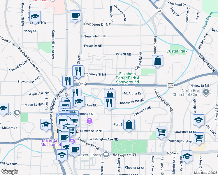 map of restaurants, bars, coffee shops, grocery stores, and more near 278 North Marietta Parkway Northeast in Marietta