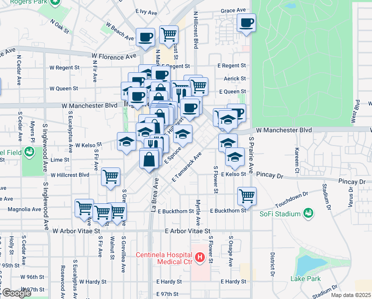 map of restaurants, bars, coffee shops, grocery stores, and more near 320 East Spruce Avenue in Inglewood