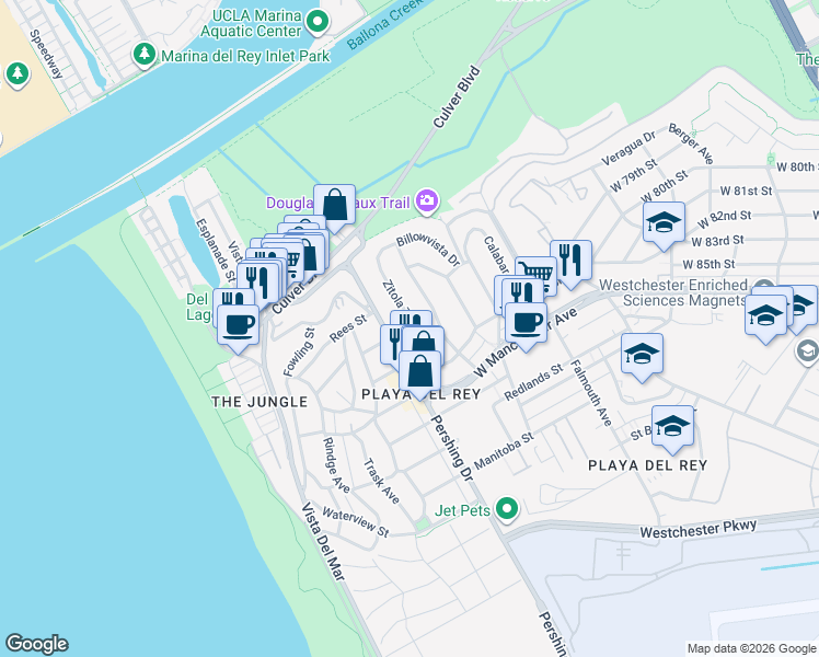 map of restaurants, bars, coffee shops, grocery stores, and more near 8301 Zitola Terrace in Los Angeles