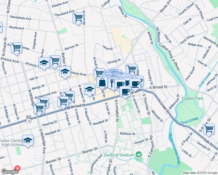 map of restaurants, bars, coffee shops, grocery stores, and more near 125 West Washington Street in Athens