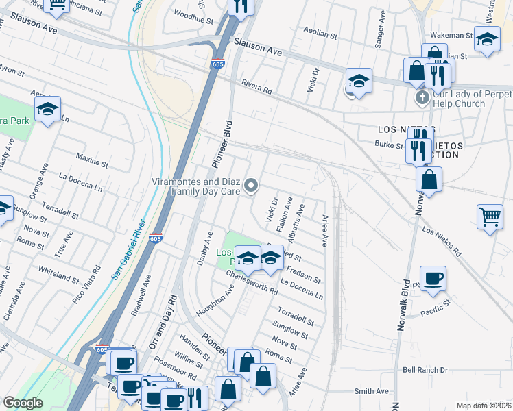 map of restaurants, bars, coffee shops, grocery stores, and more near 9208 Morrill Avenue in Santa Fe Springs