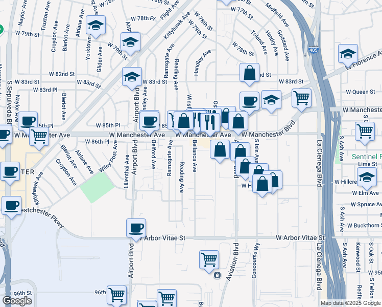 map of restaurants, bars, coffee shops, grocery stores, and more near 8754 Reading Avenue in Los Angeles