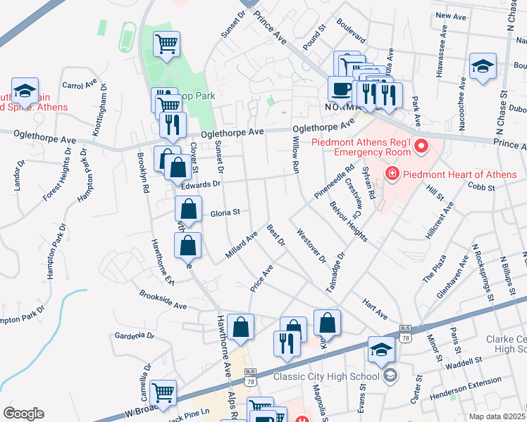 map of restaurants, bars, coffee shops, grocery stores, and more near 325 Best Drive in Athens