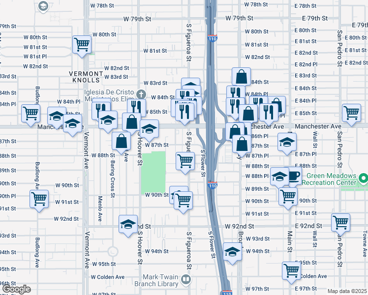 map of restaurants, bars, coffee shops, grocery stores, and more near 510 West 87th Street in Los Angeles