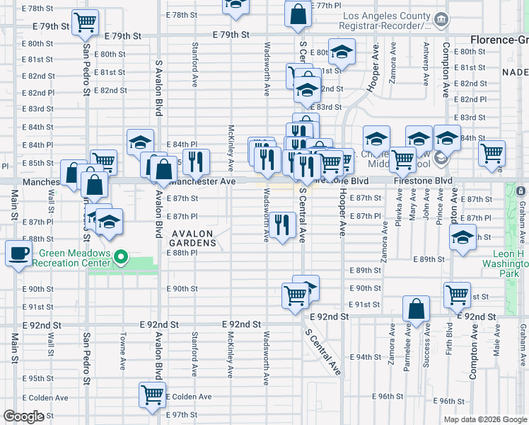 map of restaurants, bars, coffee shops, grocery stores, and more near 859 East 87th Place in Los Angeles