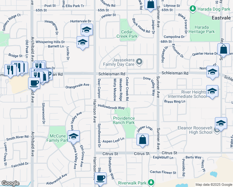 map of restaurants, bars, coffee shops, grocery stores, and more near 7126 Misty Meadow in Corona