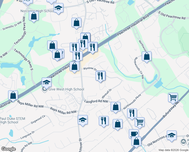map of restaurants, bars, coffee shops, grocery stores, and more near 5400 Fontenoy Court in Norcross
