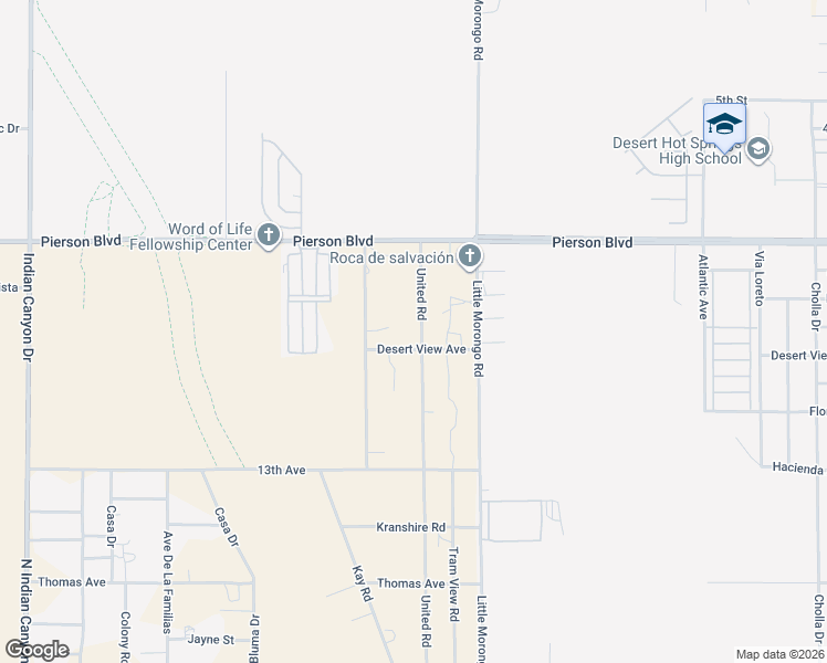 map of restaurants, bars, coffee shops, grocery stores, and more near 12375 United Road in Desert Hot Springs