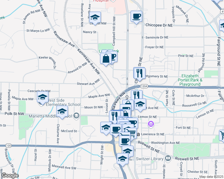 map of restaurants, bars, coffee shops, grocery stores, and more near 274 Kennesaw Avenue Northwest in Marietta