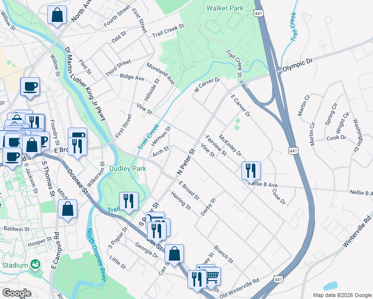 map of restaurants, bars, coffee shops, grocery stores, and more near 140 Arch Street in Athens