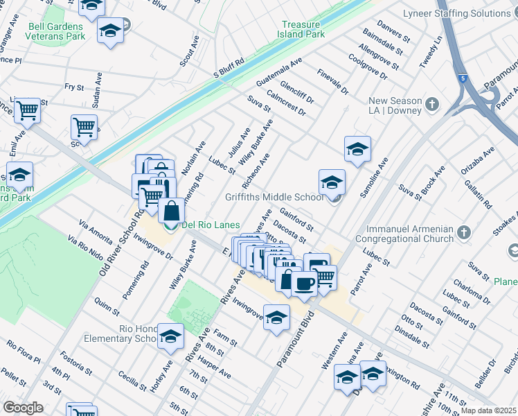 map of restaurants, bars, coffee shops, grocery stores, and more near 9843 Horley Avenue in Downey
