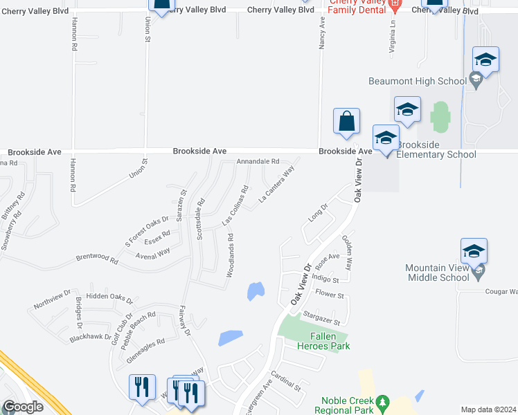 map of restaurants, bars, coffee shops, grocery stores, and more near 1730 La Cantera Way in Beaumont