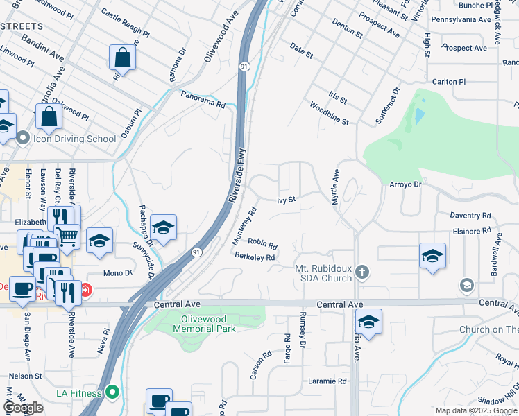 map of restaurants, bars, coffee shops, grocery stores, and more near 5124 Monterey Road in Riverside