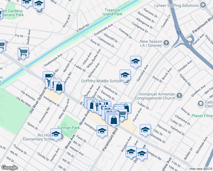map of restaurants, bars, coffee shops, grocery stores, and more near 9802 Rives Avenue in Downey