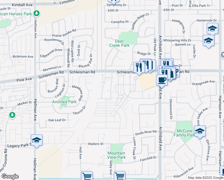 map of restaurants, bars, coffee shops, grocery stores, and more near 7085 Montecito Lane in Eastvale