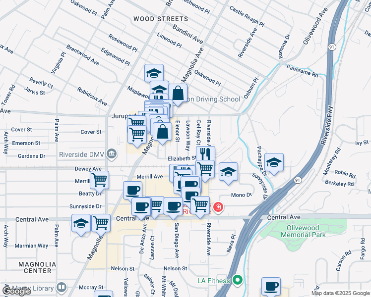 map of restaurants, bars, coffee shops, grocery stores, and more near 6151 Lawson Way in Riverside