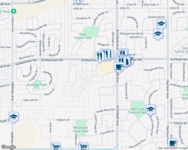 map of restaurants, bars, coffee shops, grocery stores, and more near 7126 Enclave Drive in Corona