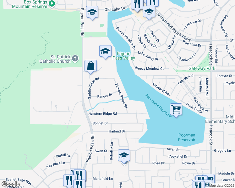 map of restaurants, bars, coffee shops, grocery stores, and more near 11185 Pioneer Ridge Road in Moreno Valley