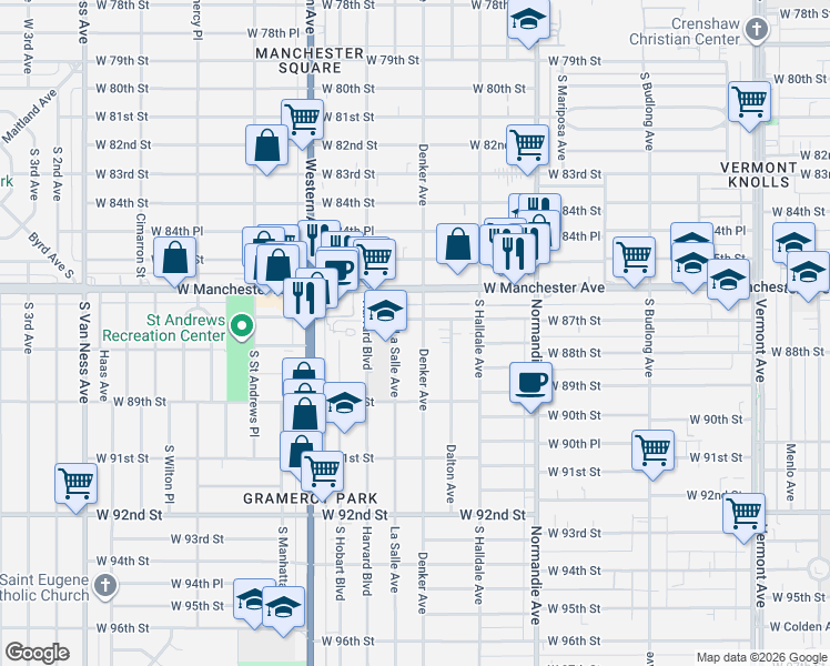 map of restaurants, bars, coffee shops, grocery stores, and more near 8711 South Denker Avenue in Los Angeles