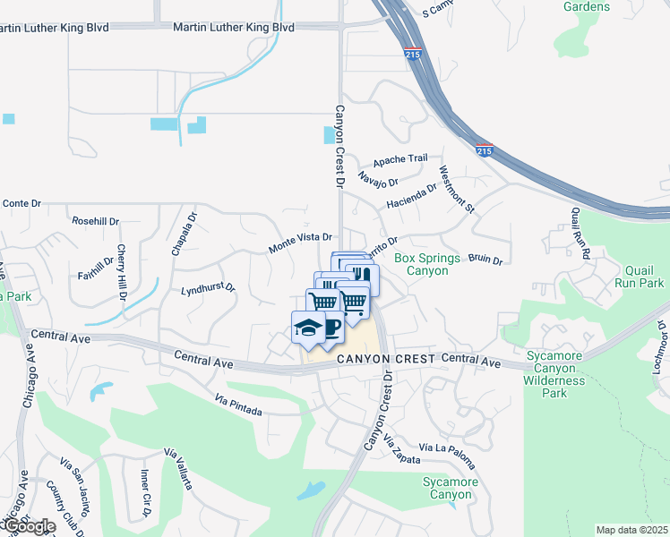 map of restaurants, bars, coffee shops, grocery stores, and more near 5055 El Cerrito Drive in Riverside
