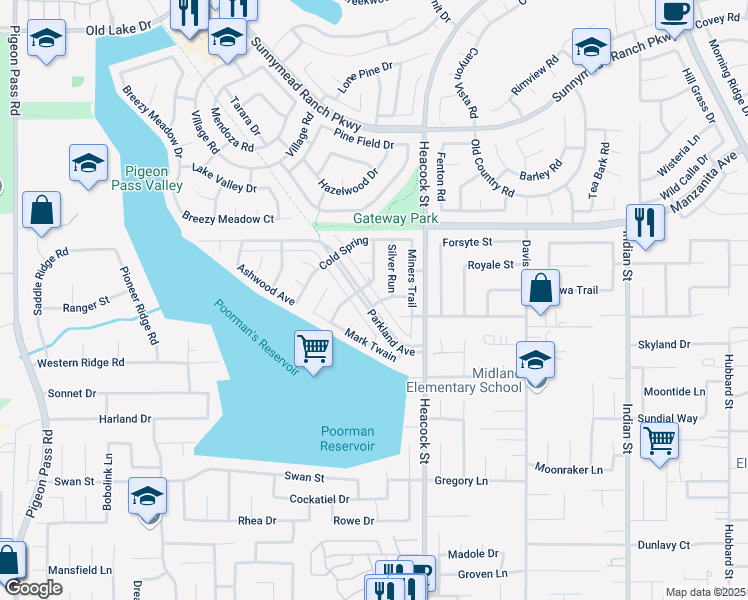 map of restaurants, bars, coffee shops, grocery stores, and more near 23864 Parkland Avenue in Moreno Valley