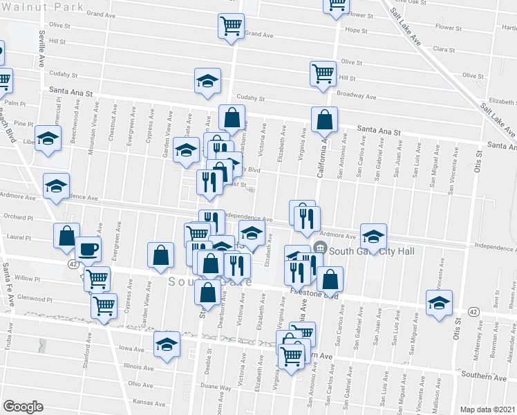 map of restaurants, bars, coffee shops, grocery stores, and more near 8466 Victoria Avenue in South Gate