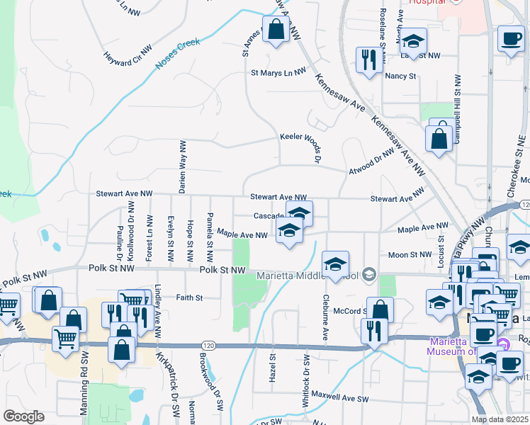 map of restaurants, bars, coffee shops, grocery stores, and more near 390 Cascade Drive Northwest in Marietta