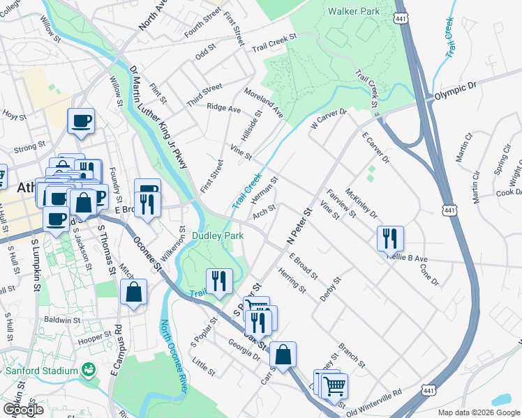 map of restaurants, bars, coffee shops, grocery stores, and more near 75 Arch Street in Athens