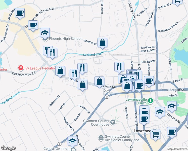 map of restaurants, bars, coffee shops, grocery stores, and more near 270 Honeysuckle Avenue in Lawrenceville
