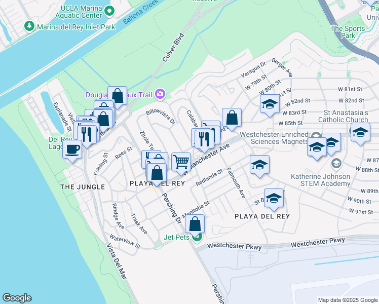 map of restaurants, bars, coffee shops, grocery stores, and more near 8365 Tuscany Avenue in Los Angeles