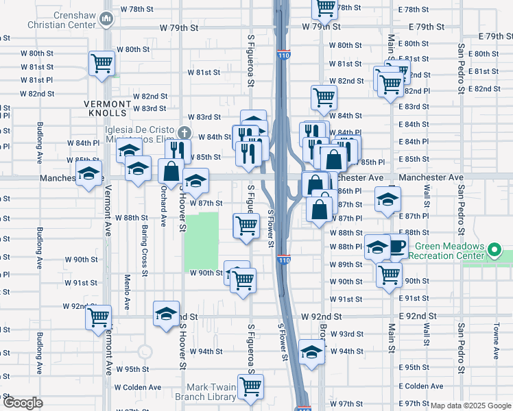 map of restaurants, bars, coffee shops, grocery stores, and more near 8704 South Figueroa Street in Los Angeles