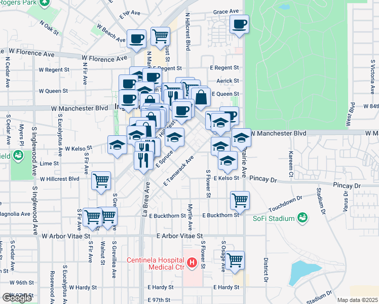 map of restaurants, bars, coffee shops, grocery stores, and more near 335 E Tamarack Ave in Inglewood