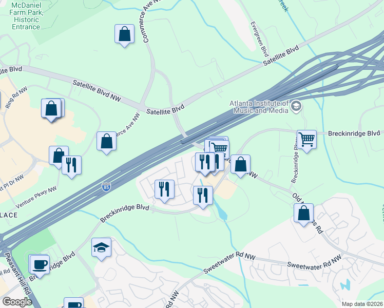 map of restaurants, bars, coffee shops, grocery stores, and more near 2792 Briaroak Drive in Duluth