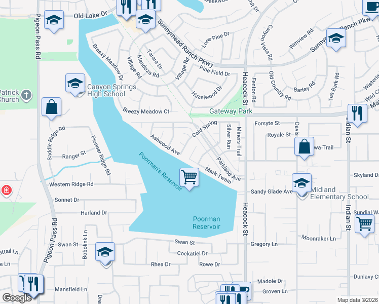 map of restaurants, bars, coffee shops, grocery stores, and more near 23713 Mark Twain in Moreno Valley