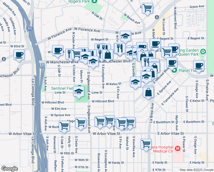 map of restaurants, bars, coffee shops, grocery stores, and more near 236 West Kelso Street in Inglewood