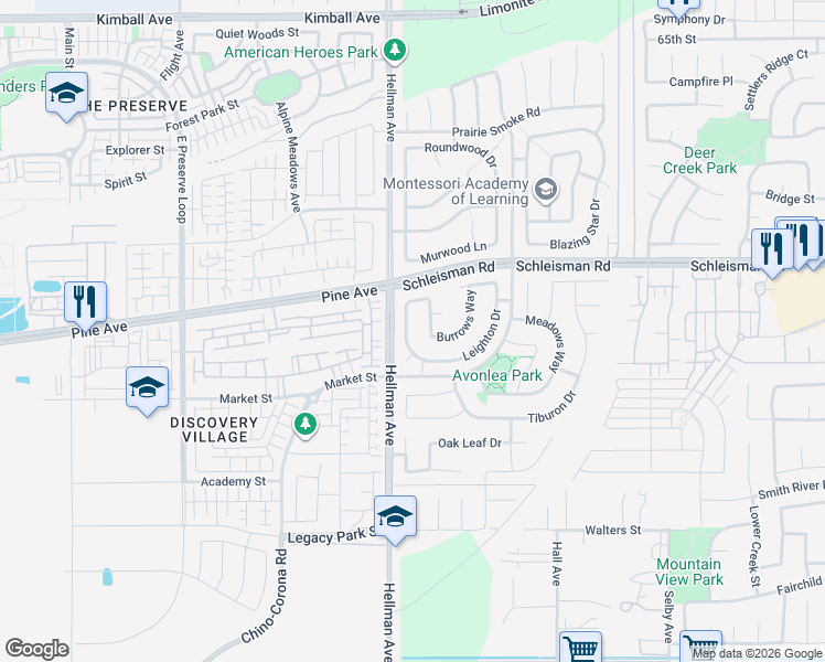 map of restaurants, bars, coffee shops, grocery stores, and more near 7136 Stockton Drive in Corona