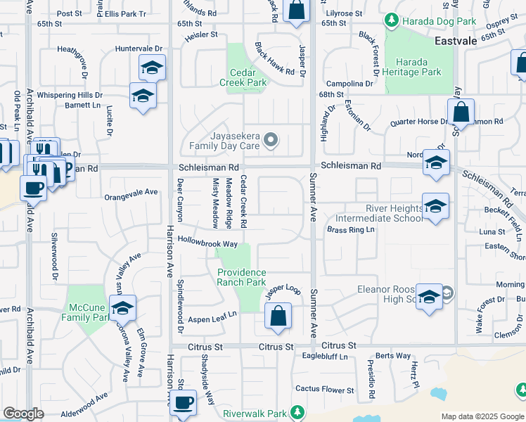 map of restaurants, bars, coffee shops, grocery stores, and more near 7110 Blackbird Lane in Corona