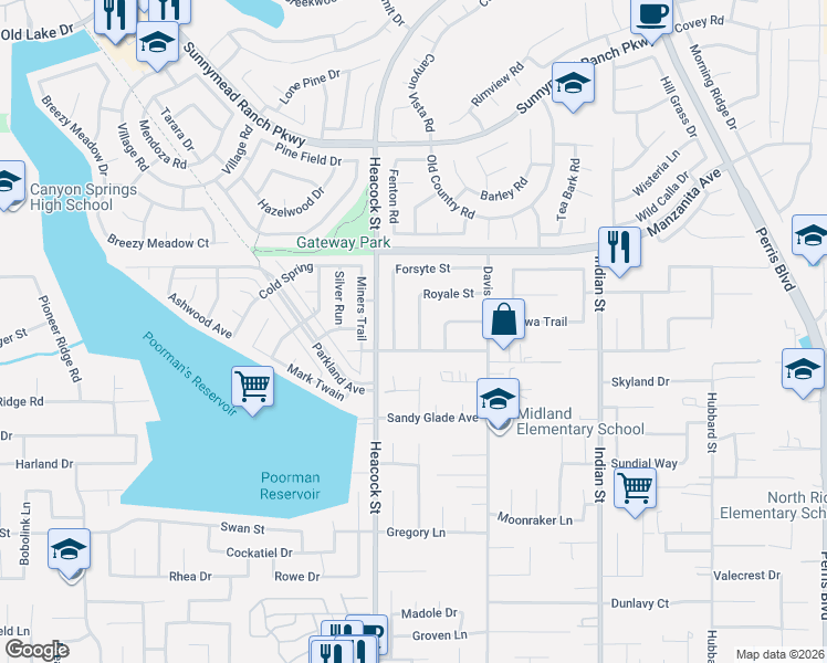 map of restaurants, bars, coffee shops, grocery stores, and more near 24013 Forsyte Street in Moreno Valley