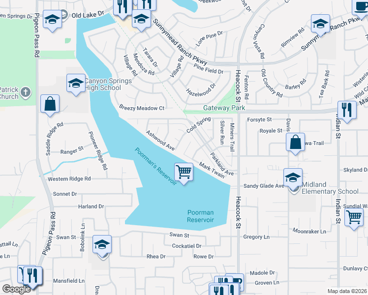 map of restaurants, bars, coffee shops, grocery stores, and more near 23725 Mark Twain in Moreno Valley