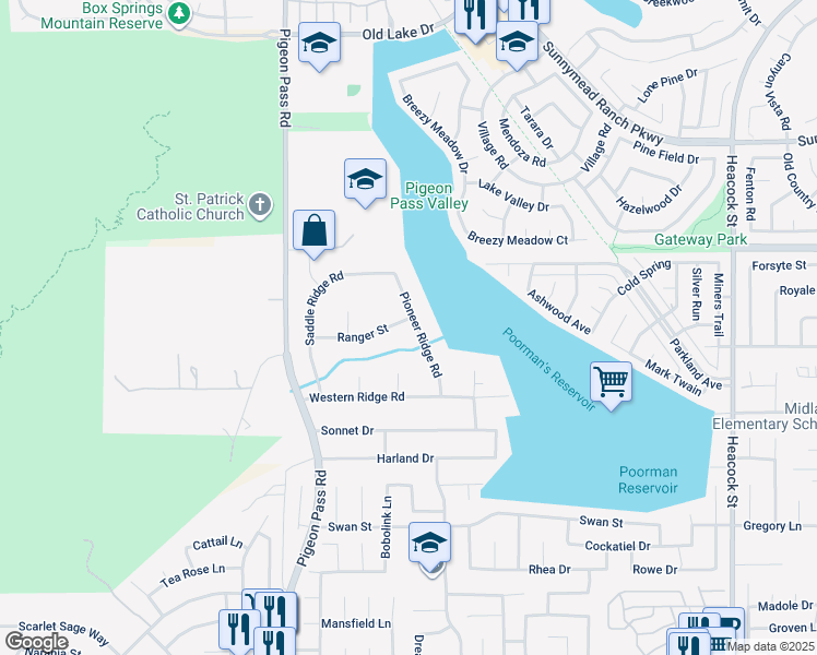 map of restaurants, bars, coffee shops, grocery stores, and more near 11185 Pioneer Ridge Road in Moreno Valley