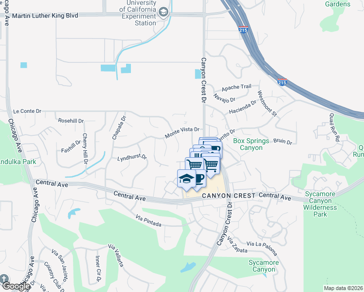 map of restaurants, bars, coffee shops, grocery stores, and more near 955 Le Conte Drive in Riverside