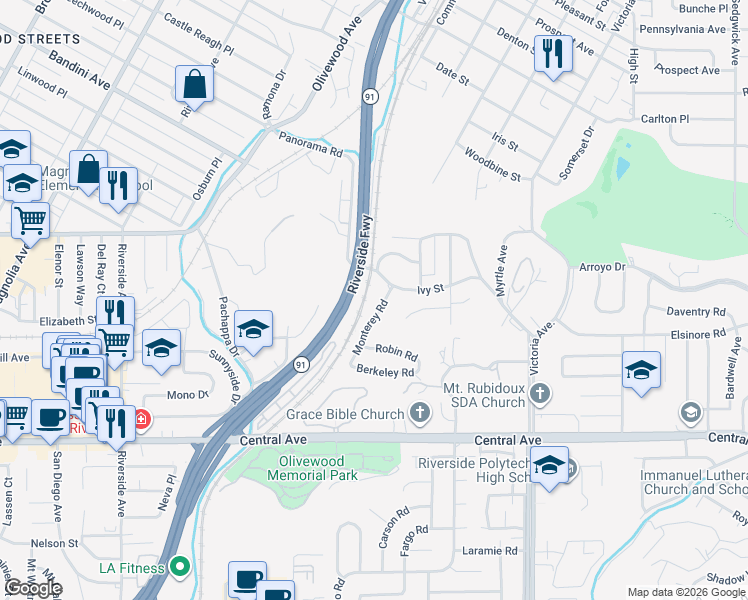 map of restaurants, bars, coffee shops, grocery stores, and more near 5124 Monterey Road in Riverside