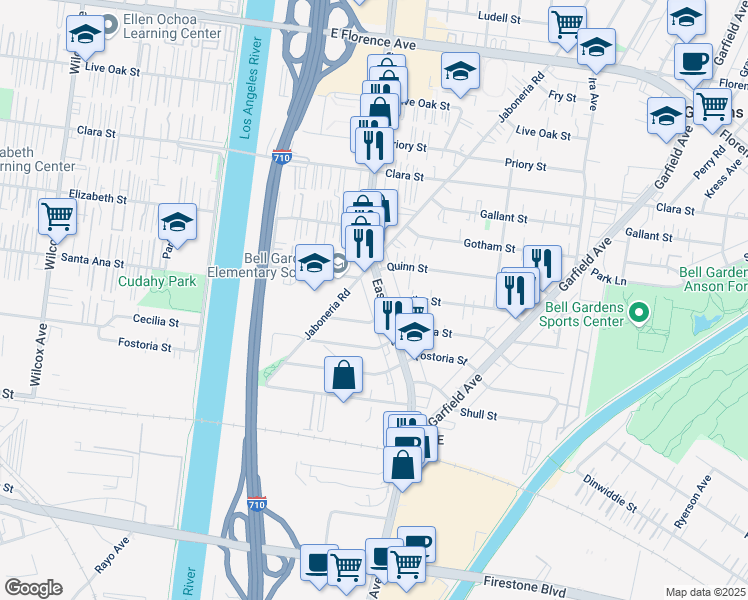 map of restaurants, bars, coffee shops, grocery stores, and more near 5663 Muller Street in Bell Gardens